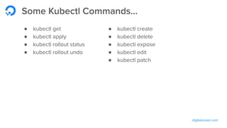 digitalocean.com
Some Kubectl Commands...
● kubectl get
● kubectl apply
● kubectl rollout status
● kubectl rollout undo
● kubectl create
● kubectl delete
● kubectl expose
● kubectl edit
● kubectl patch
 