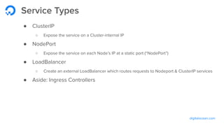 digitalocean.com
Service Types
● ClusterIP
○ Expose the service on a Cluster-internal IP
● NodePort
○ Expose the service on each Node’s IP at a static port (“NodePort”)
● LoadBalancer
○ Create an external LoadBalancer which routes requests to Nodeport & ClusterIP services
● Aside: Ingress Controllers
 