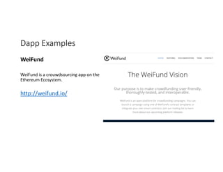 Dapp Examples
WeiFund
WeiFund is	a	crouwdsourcing app	on	the	
Ethereum	Ecosystem.	
http://weifund.io/
 