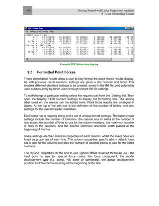 Getting Started with Lotus Suspension Analysis
9 - User Formatting Results
106
Example SDF Spline data display
9.5 Formatted Point Forces
These compliance results allow a user to fully format the point forces results display.
As with previous result sections, settings are given a slot number and label. This
enables different standard settings to be created, saved in the INI file, and potentially
used subsequently by other users through shared INI file settings.
To edit/change a particular setting select the required set from the ‘Setting’ list. Then
open the Display / Edit Current Settings to display the formatting tool. The setting
label used on the menus can be edited here. Point force results are arranged in
tables. At the top of the edit tool is the definition of the number of tables, and also
settings for the overall header visibilities.
Each table has a heading string and a set of unique format settings. The table overall
settings include the number of Columns, the column size in terms of the number of
characters, the number of lines to use for the column headers, the maximum number
of lines in the columns, and the column comment character width placed at the
beginning of the line.
Some settings are then listed as properties of each column, whilst the lower ones are
listed as properties of each line. The column properties specify which default force
set to use for the column and also the number of decimal points to use for the listed
numbers.
The ‘by-line’ properties list the end to use, (ignore offset reserved for future use), the
hard point to use (or special force case), the force component, the model
displacement type (i.e. bump, roll, steer or combined), the actual displacement
position and the comment string at the beginning of the line.
 