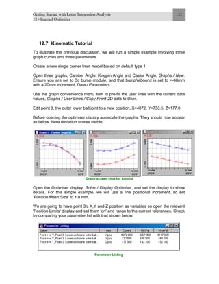 Getting Started with Lotus Suspension Analysis
12 - Internal Optimizer
133
12.7 Kinematic Tutorial
To illustrate the previous discussion, we will run a simple example involving three
graph curves and three parameters.
Create a new single corner front model based on default type 1.
Open three graphs, Camber Angle, Kingpin Angle and Castor Angle, Graphs / New.
Ensure you are set to 3d bump module, and that bump/rebound is set to +-60mm
with a 20mm increment, Data / Parameters.
Use the graph convenience menu item to pre-fill the user lines with the current data
values, Graphs / User Lines / Copy Front-2D data to User.
Edit point 3, the outer lower ball joint to a new position, X=4072, Y=733.5, Z=177.0
Before opening the optimiser display autoscale the graphs. They should now appear
as below. Note deviation scores visible.
Graph screen shot for tutorial
Open the Optimiser display, Solve / Display Optimiser, and set the display to show
details. For this simple example, we will use a fine positional increment, so set
'Position Mesh Size' to 1.0 mm.
We are going to have point 3's X,Y and Z position as variables so open the relevant
'Position Limits' display and set them 'on' and range to the current tolerances. Check
by comparing your parameter list with that shown below.
Parameter Listing
 