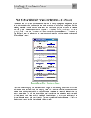 Getting Started with Lotus Suspension Analysis
12 - Internal Optimizer
135
12.8 Setting Compliant Targets via Compliance Coefficients
To extend the use of the optimiser into the use of tuning compliant properties, such
as bush stiffness and orientation, we need to have an additional compliant results
scoring method, similar to that used with our derivative graphs. We can of course
use the graph curves user lines as targets for compliant bush optimisation, but it is
more normal to use the 'Compliance Values' bar chart display (Results / Compliance
Bar Values), as this allows us to use compliant specific results under a range of
different load cases.
Example Screen Shot - Compliance Values
Each bar on the display has an associated target or limit setting. These are drawn as
horizontal lines across each bar display. We can use the sum of differences from
these 'limit' settings to control our optimisation process in a similar way to the x-y
graph user lines. To set the limit values for a particular bar, select it with the right
mouse button, and then edit as required. Alternatively, to edit them all through a
single display, select the menu option Edit All Line Limits/Scale/Weights…, from the
right mouse menu on the compliance values graph.
 