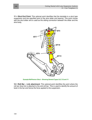Getting Started with Lotus Suspension Analysis
14 - User Templates (1)
168
168
11 = Strut End Point: This optional point identifies that the template is a strut type
suspension and the specified point is the strut slider end bearing. This point moves
with the strut slider and is used as the sliding connection between the slider and the
strut body.
Example McPherson Strut – Showing General Types 5,6,7,10 and 11
14 = Roll Bar – Link attachment: This optional point identifies the point where the
roll bar drop link is attached to the anti-roll bar. This is used to identify the amount of
twist in the bar and hence the force applied to the suspension.
 