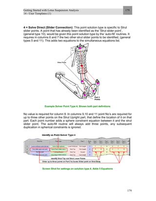 Getting Started with Lotus Suspension Analysis
14 - User Templates (1)
179
179
4 = Solve Direct (Slider Connection): This point solution type is specific to Strut
slider points. A point that has already been identified as the ‘Strut slider point’,
(general type 10), would be given this point solution type by the ‘auto-fill’ routines. It
requires in columns 6 and 7 the two other strut slider points to be identified, (general
types 5 and 11). This adds two equations to the simultaneous equations list.
Example Solver Point Type 4, Shows both part definitions
No value is required for column 8. In columns 9,10 and 11 point No’s are required for
up to three other points on the Strut Upright part, that define the location of it on that
part. Each point number adds a sphere constraint equation between it and the strut
slider point. The auto-fill routine will always add three points, any subsequent
duplication in spherical constraints is ignored.
Screen Shot for settings on solution type 4, Adds 5 Equations
 