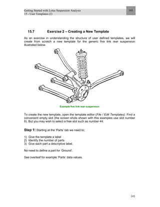 Getting Started with Lotus Suspension Analysis
15 - User Templates (2)
195
195
15.7 Exercise 2 – Creating a New Template
As an exercise in understanding the structure of user defined templates, we will
create from scratch a new template for the generic five link rear suspension
illustrated below.
Example five link rear suspension
To create the new template, open the template editor (File / Edit Templates). Find a
convenient empty slot (the screen shots shown with this examples use slot number
8). But you may wish to select a free slot such as number 44.
Step 1: Starting at the ‘Parts’ tab we need to;
1) Give the template a label
2) Identify the number of parts
3) Give each part a descriptive label.
No need to define a part for ‘Ground’.
See overleaf for example ‘Parts’ data values.
 