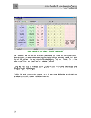 Getting Started with Lotus Suspension Analysis
15 - User Templates (2)
198
198
Initial Settings for Part 1, Part 2 and Gen Type values.
We can now use the auto-fill routines to complete the other required data values.
Alternatively you may want to try completing them by hand and then check them with
the auto-fill settings. To use the auto-fill select Data / Test Auto Fill and if you then
select Level 1 you can note the changes level by level.
Using the Test auto-fill routines allows you to visually review the differences, and
accept or reject the changes.
Repeat the Test Auto-fills for Levels 2 and 3, such that you have a fully defined
template (check with results on following page).
 