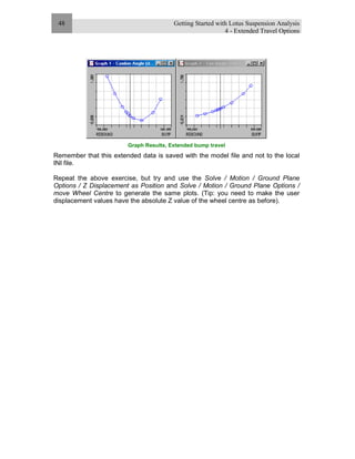 Getting Started with Lotus Suspension Analysis
4 - Extended Travel Options
48
Graph Results, Extended bump travel
Remember that this extended data is saved with the model file and not to the local
INI file.
Repeat the above exercise, but try and use the Solve / Motion / Ground Plane
Options / Z Displacement as Position and Solve / Motion / Ground Plane Options /
move Wheel Centre to generate the same plots. (Tip: you need to make the user
displacement values have the absolute Z value of the wheel centre as before).
 