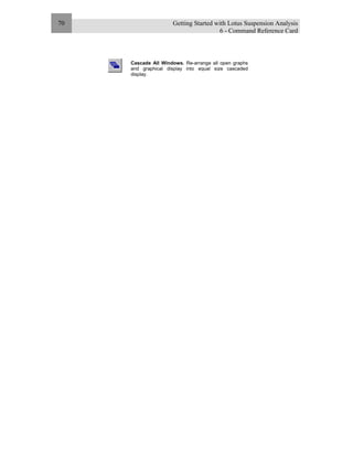 Getting Started with Lotus Suspension Analysis
6 - Command Reference Card
70
Cascade All Windows. Re-arrange all open graphs
and graphical display into equal size cascaded
display.
 