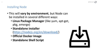 19 perforce.com
Installing Node
• This will vary by environment, but Node can
be installed in several different ways:
• Linux Package Manager (like yum, apt-get,
pkg, emerge)
• Standalone installer
(https://nodejs.org/en/download/)
• Official Docker Image
• Standalone Shell Script
 