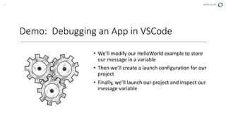 27 perforce.com
Demo: Debugging an App in VSCode
• We’ll modify our HelloWorld example to store
our message in a variable
• Then we’ll create a launch configuration for our
project
• Finally, we’ll launch our project and inspect our
message variable
 