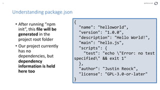 32 perforce.com
Understanding package.json
• After running “npm
init”, this file will be
generated in the
project root folder
• Our project currently
has no
dependencies, but
dependency
information is held
here too
{
"name": "helloworld",
"version": "1.0.0",
"description": "Hello World!",
"main": "hello.js",
"scripts": {
"test": "echo "Error: no test
specified" && exit 1"
},
"author": "Justin Reock",
"license": "GPL-3.0-or-later"
}
 