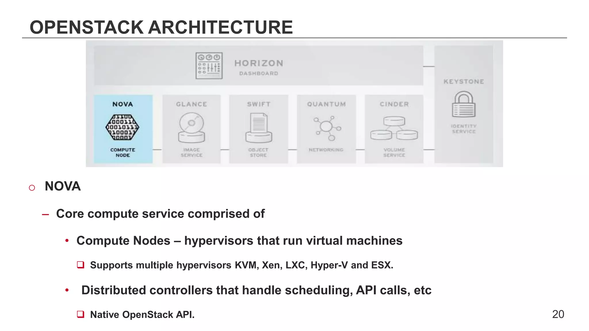 OPENSTACK ARCHITECTURE
o NOVA
– Core compute service comprised of
• Compute Nodes – hypervisors that run virtual machines
 Supports multiple hypervisors KVM, Xen, LXC, Hyper-V and ESX.
• Distributed controllers that handle scheduling, API calls, etc
 Native OpenStack API. 20
 