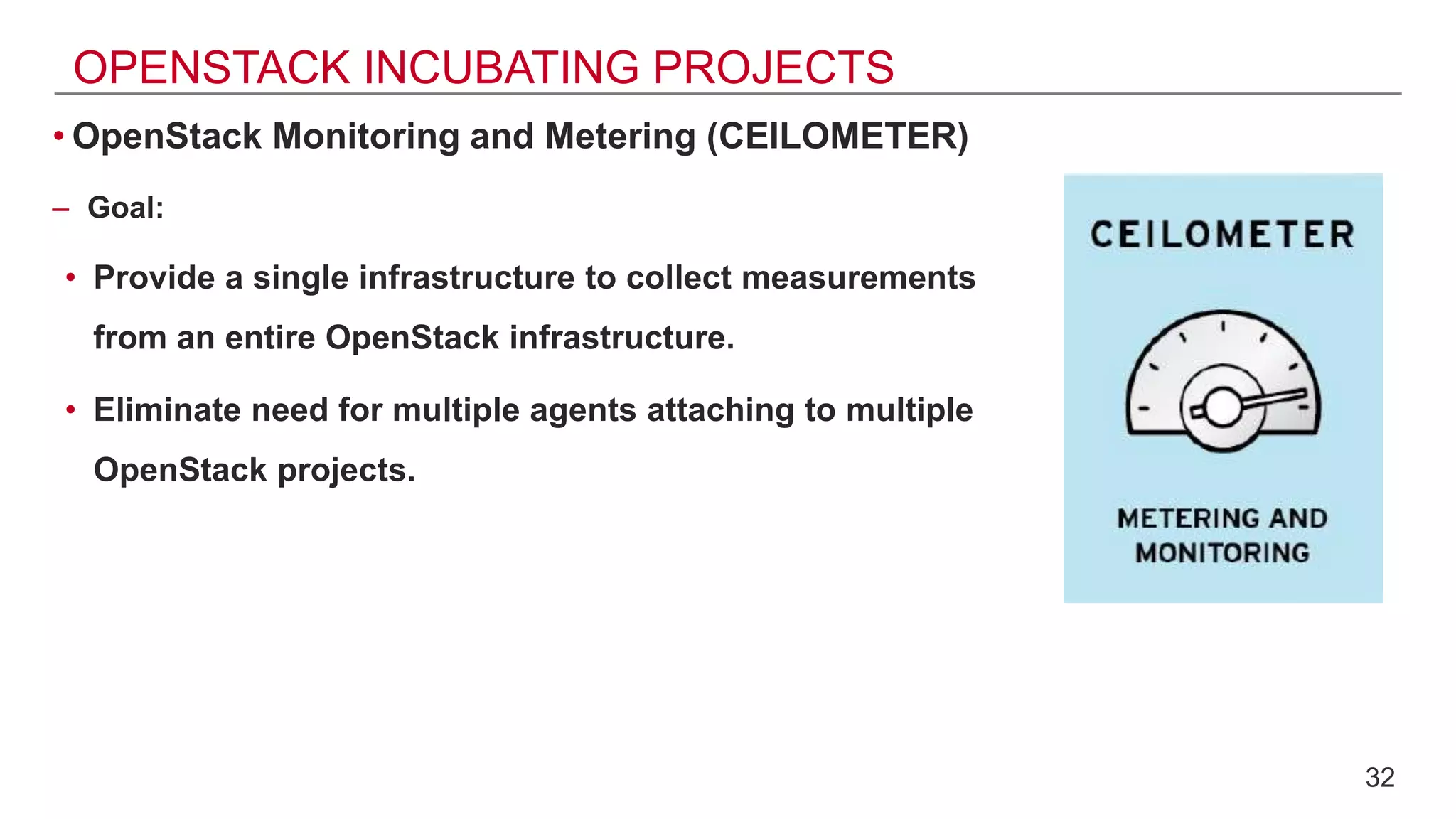 OPENSTACK INCUBATING PROJECTS
• OpenStack Monitoring and Metering (CEILOMETER)
– Goal:
• Provide a single infrastructure to collect measurements
from an entire OpenStack infrastructure.
• Eliminate need for multiple agents attaching to multiple
OpenStack projects.
32
 
