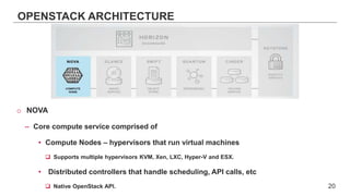 OPENSTACK ARCHITECTURE
o NOVA
– Core compute service comprised of
• Compute Nodes – hypervisors that run virtual machines
 Supports multiple hypervisors KVM, Xen, LXC, Hyper-V and ESX.
• Distributed controllers that handle scheduling, API calls, etc
 Native OpenStack API. 20
 