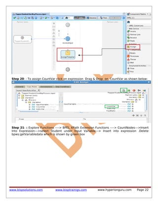 Step 20: : To assign CountVar click on expression Drag & Drop on CountVar as shown below:

Step 21: : Explore Functions ----> BPEL XPath Extension Functions ----> CountNodes--->Insert
Into Expression--->select Student under Input Variable---> Insert into expression .Delete
bpws:getVariabledata which is shown by green box

www.bispsolutions.com

www.bisptrainigs.com

www.hyperionguru.com

Page 22

 