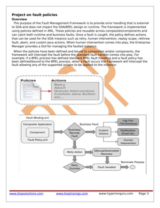 Project on fault policies
Overview
The purpose of the Fault Management Framework is to provide error handling that is external
to SOA and does not impact the SOA/BPEL design or runtime. The framework is implemented
using policies defined in XML. These policies are reusable across composites/components and
can catch both runtime and business faults. Once a fault is caught, the policy defines actions
that can be used for the SOA instance such as retry, human intervention, replay scope, rethrow
fault, abort, and custom Java actions. When human intervention comes into play, the Enterprise
Manager provides a GUI for managing the faulted instance.
When the policies have been defined and bound to composites and/or components, the
framework will intercept the fault before the standard fault handler comes into play. For
example: if a BPEL process has defined standard BPEL fault handling and a fault policy has
been defined/bound to the BPEL process, when a fault occurs the framework will intercept the
fault allowing any of the supported actions to be applied to the instance:

www.bispsolutions.com

www.bisptrainigs.com

www.hyperionguru.com

Page 3

 