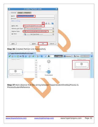 Step 36: Created Partner Link Successfully

Step 37:Here observe that the wiring between TopperstudentOneWayProcess &
ProcessStudentReference

www.bispsolutions.com

www.bisptrainigs.com

www.hyperionguru.com

Page 31

 