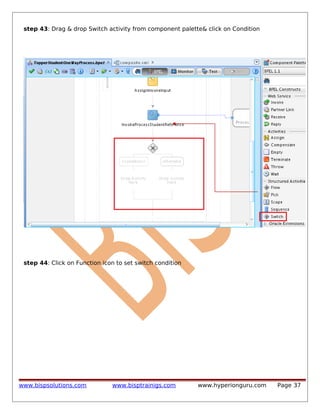 step 43: Drag & drop Switch activity from component palette& click on Condition

step 44: Click on Function icon to set switch condition

www.bispsolutions.com

www.bisptrainigs.com

www.hyperionguru.com

Page 37

 