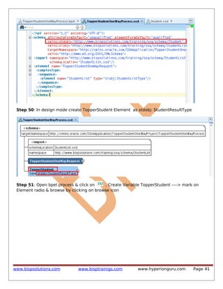 Step 50: In design mode create TopperStudent Element as stdobj: StudentResultType

Step 51: Open bpel process & click on
, Create Variable TopperStudent ----> mark on
Element radio & browse by clicking on browse icon

www.bispsolutions.com

www.bisptrainigs.com

www.hyperionguru.com

Page 41

 