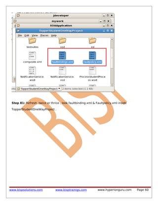 Step 81: Refresh twice or thrice , look faultbinding.xml & Faultpolicy.xml inside
TopperStudentOneWayProject .

www.bispsolutions.com

www.bisptrainigs.com

www.hyperionguru.com

Page 60

 