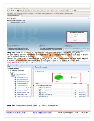 Step 89: We have successfully login inside Enterprise manager 11g (Farm_dev_soa)
we can clearly observe here that admin server is up & all deployment status is also up it means
that our admin server is running .
Now In left pane of window under Farm_dev_soa click on SOA radio button now again expand
& under default we can easily see all the deployed projects. Click on ProcessStudent

Step 90: Shutdown ProcessStudent by clicking shutdown tab .

www.bispsolutions.com

www.bisptrainigs.com

www.hyperionguru.com

Page 66

 