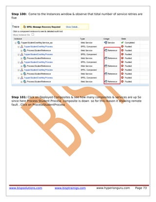 Step 100: Come to the Instances window & observe that total number of service retries are
five

Step 101: Click on Deployed Composites & see how many composites & services are up So
since here Process Student Process composite is down so for this reason it showing remote
fault . Click on ProcessStudentProcess

www.bispsolutions.com

www.bisptrainigs.com

www.hyperionguru.com

Page 73

 