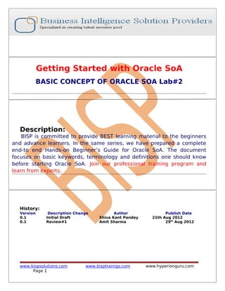 Getting Started with Oracle SoA
BASIC CONCEPT OF ORACLE SOA Lab#2
Description:
BISP is committed to provide BEST learning material to the beginners
and advance learners. In the same series, we have prepared a complete
end-to end Hands-on Beginner’s Guide for Oracle SoA. The document
focuses on basic keywords, terminology and definitions one should know
before starting Oracle SoA. Join our professional training program and
learn from experts.
History:
Version Description Change Author Publish Date
0.1 Initial Draft Shiva Kant Pandey 21th Aug 2012
0.1 Review#1 Amit Sharma 29th
Aug 2012
www.bispsolutions.com www.bisptrainigs.com www.hyperionguru.com
Page 1
 