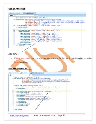 Use of Abstract:
ABSTRACT:
• If abstract = true then no one can use that xsd further i.e it restricts vise versa for
false condition
USE OF BLOCK #ALL :
www.bisptrainigs.com www.hyperionguru.com Page 16
 
