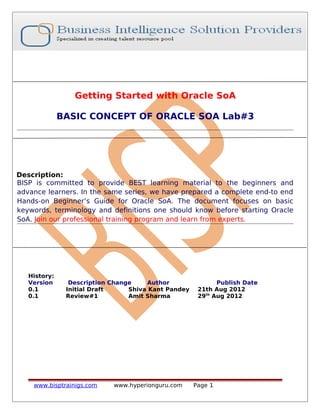 Getting Started with Oracle SoA
BASIC CONCEPT OF ORACLE SOA Lab#3
Description:
BISP is committed to provide BEST learning material to the beginners and
advance learners. In the same series, we have prepared a complete end-to end
Hands-on Beginner’s Guide for Oracle SoA. The document focuses on basic
keywords, terminology and definitions one should know before starting Oracle
SoA. Join our professional training program and learn from experts.
History:
Version Description Change Author Publish Date
0.1 Initial Draft Shiva Kant Pandey 21th Aug 2012
0.1 Review#1 Amit Sharma 29th
Aug 2012
www.bisptrainigs.com www.hyperionguru.com Page 1
 