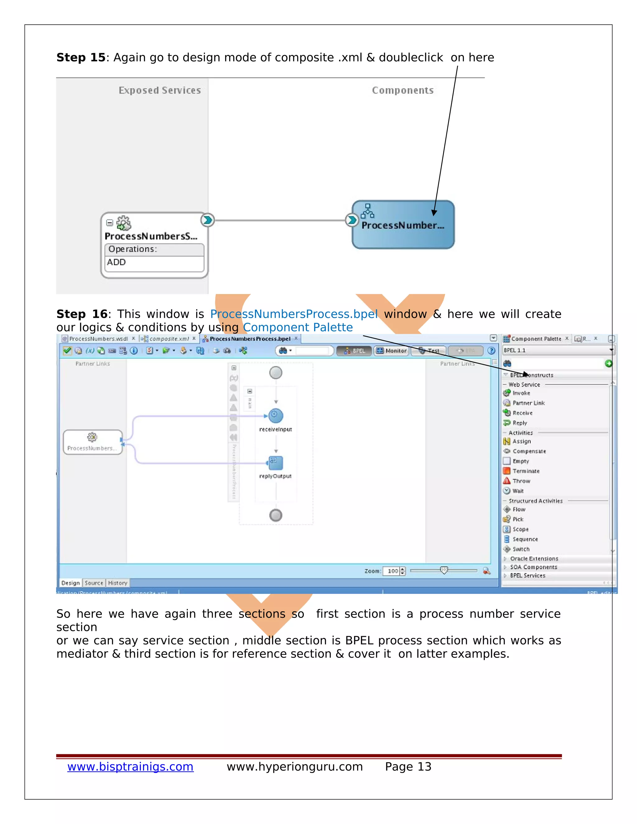 Step 15: Again go to design mode of composite .xml & doubleclick on here
Step 16: This window is ProcessNumbersProcess.bpel window & here we will create
our logics & conditions by using Component Palette
So here we have again three sections so first section is a process number service
section
or we can say service section , middle section is BPEL process section which works as
mediator & third section is for reference section & cover it on latter examples.
www.bisptrainigs.com www.hyperionguru.com Page 13
 