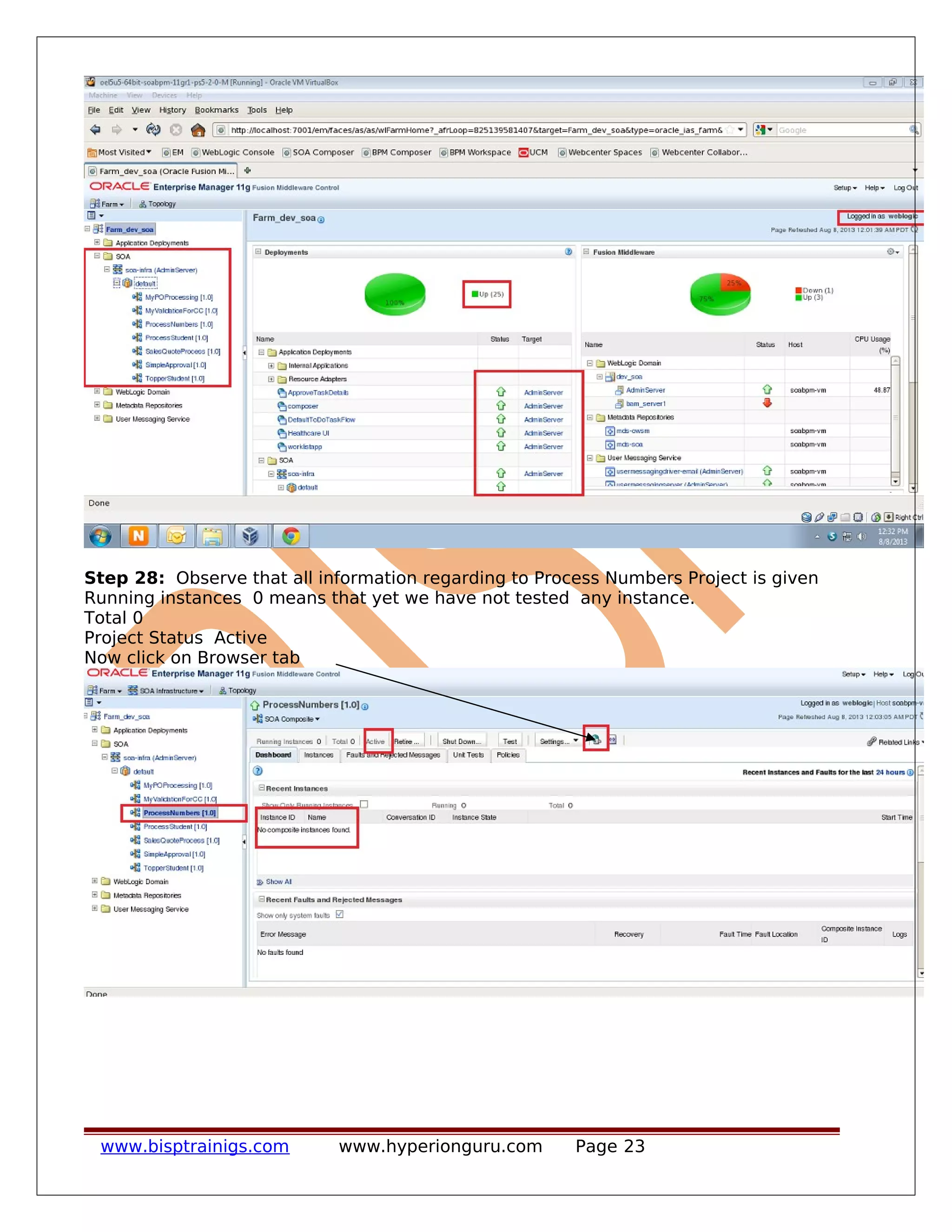 Step 28: Observe that all information regarding to Process Numbers Project is given
Running instances 0 means that yet we have not tested any instance.
Total 0
Project Status Active
Now click on Browser tab
www.bisptrainigs.com www.hyperionguru.com Page 23
 