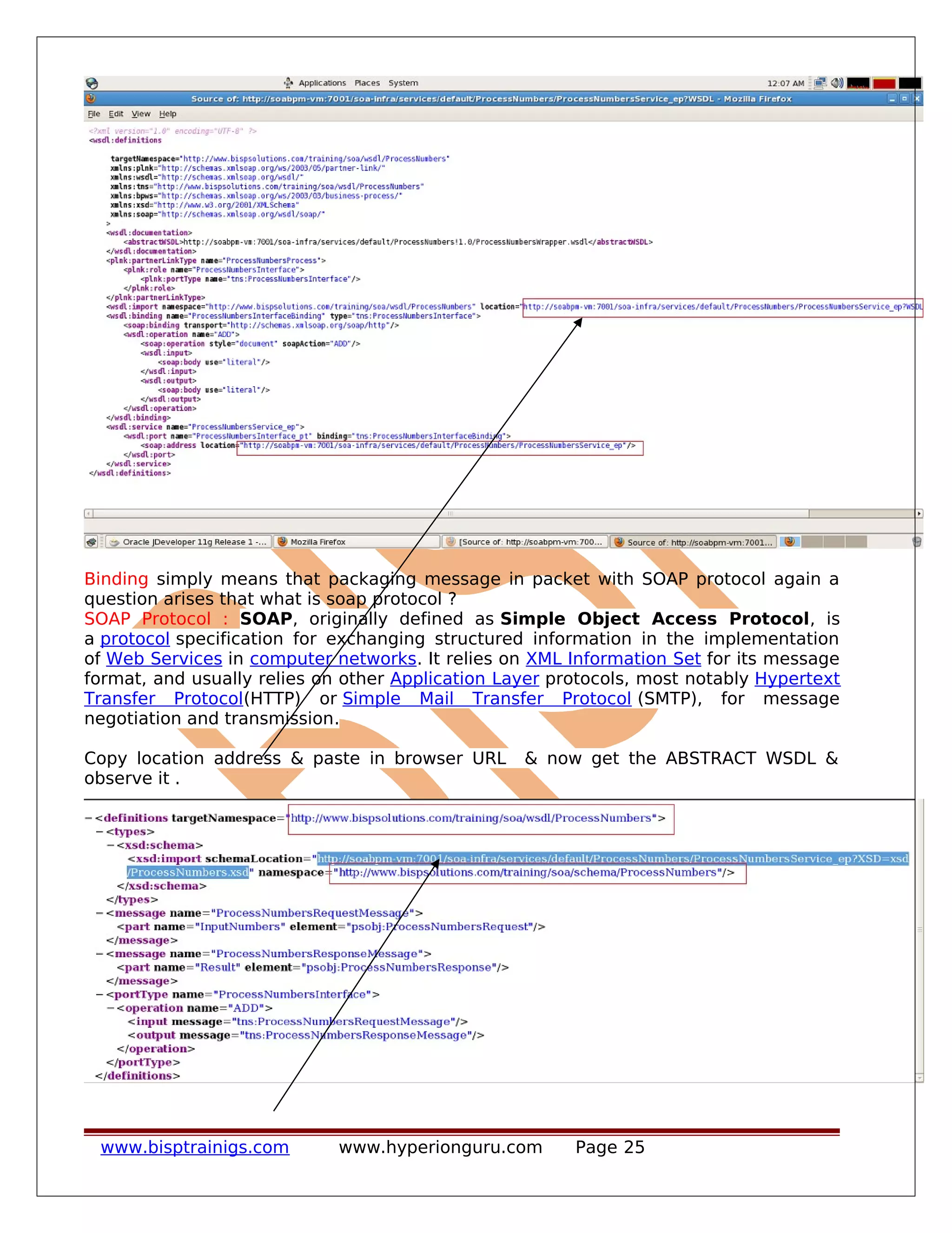 Binding simply means that packaging message in packet with SOAP protocol again a
question arises that what is soap protocol ?
SOAP Protocol : SOAP, originally defined as Simple Object Access Protocol, is
a protocol specification for exchanging structured information in the implementation
of Web Services in computer networks. It relies on XML Information Set for its message
format, and usually relies on other Application Layer protocols, most notably Hypertext
Transfer Protocol(HTTP) or Simple Mail Transfer Protocol (SMTP), for message
negotiation and transmission.
Copy location address & paste in browser URL & now get the ABSTRACT WSDL &
observe it .
www.bisptrainigs.com www.hyperionguru.com Page 25
 