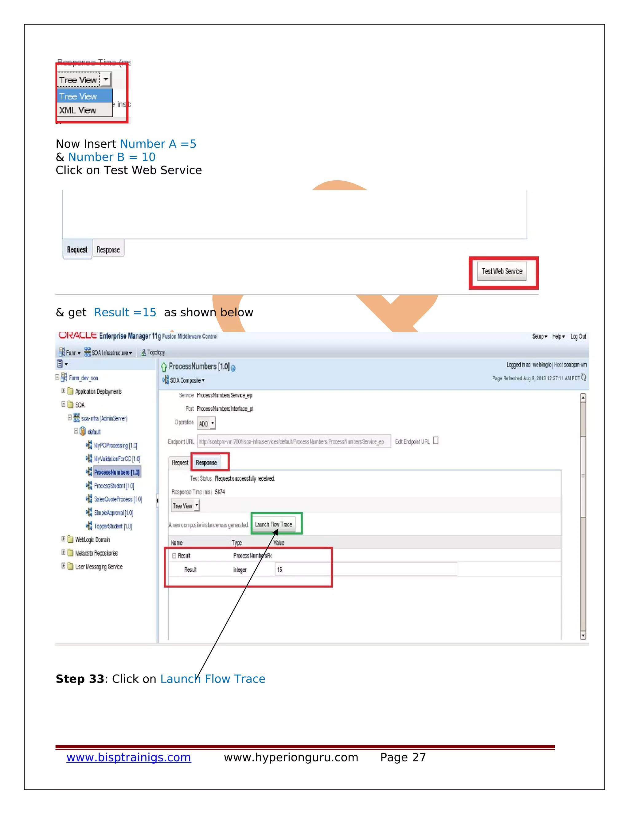 Now Insert Number A =5
& Number B = 10
Click on Test Web Service
& get Result =15 as shown below
Step 33: Click on Launch Flow Trace
www.bisptrainigs.com www.hyperionguru.com Page 27
 