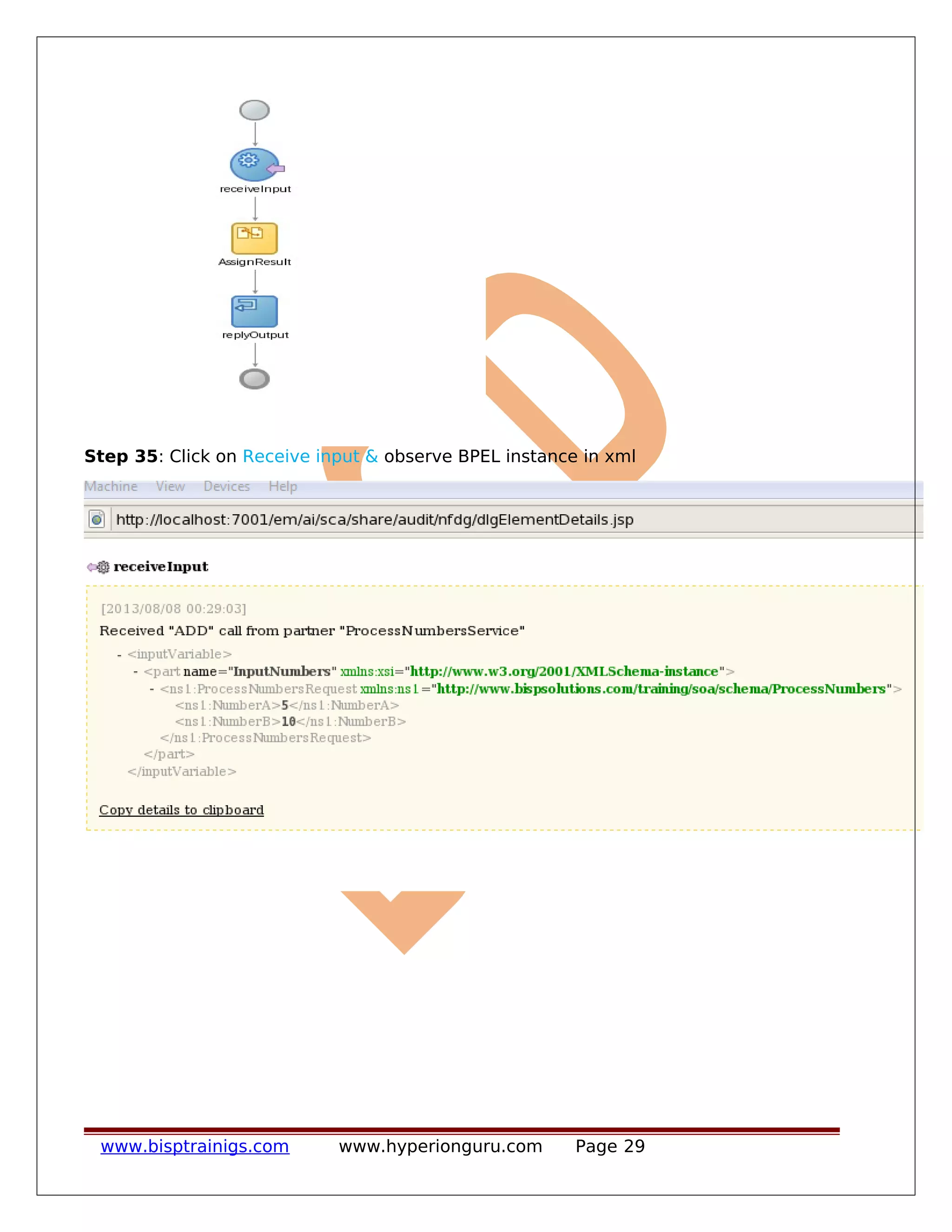 Step 35: Click on Receive input & observe BPEL instance in xml
www.bisptrainigs.com www.hyperionguru.com Page 29
 