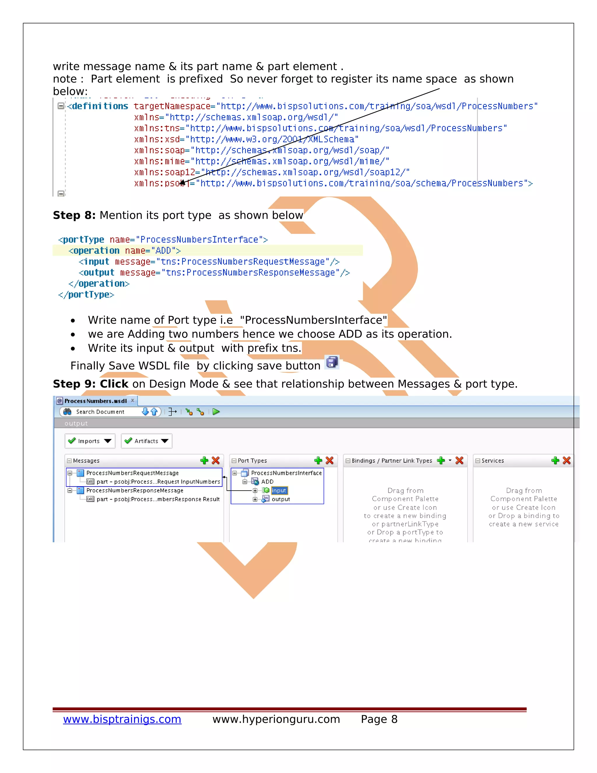 write message name & its part name & part element .
note : Part element is prefixed So never forget to register its name space as shown
below:
Step 8: Mention its port type as shown below
• Write name of Port type i.e "ProcessNumbersInterface"
• we are Adding two numbers hence we choose ADD as its operation.
• Write its input & output with prefix tns.
Finally Save WSDL file by clicking save button
Step 9: Click on Design Mode & see that relationship between Messages & port type.
www.bisptrainigs.com www.hyperionguru.com Page 8
 