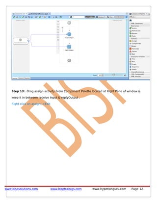 Step 13: Drag assign activity From Component Palette located at Right Pane of window &
keep it in between receive Input & replyOutput .
Right click on assign-->Edit
www.bispsolutions.com www.bisptrainigs.com www.hyperionguru.com Page 12
 