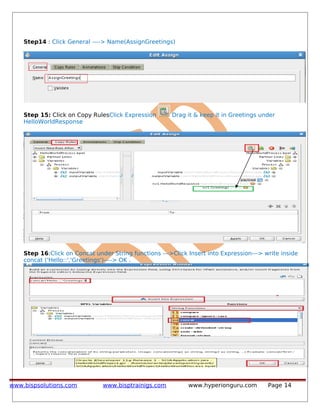 Step14 : Click General ----> Name(AssignGreetings)
Step 15: Click on Copy RulesClick Expression Drag it & keep it in Greetings under
HelloWorldResponse
Step 16:Click on Concat under String functions --->Click Insert into Expression---> write inside
concat ('Hello::','Greetings')----> OK .
www.bispsolutions.com www.bisptrainigs.com www.hyperionguru.com Page 14
 