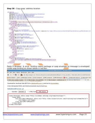 Step 30 : Copy soap: address location
Paste in Browser & since binding means package or soap envelope so message is enveloped
inside soap binding as shown below in red box :
www.bispsolutions.com www.bisptrainigs.com www.hyperionguru.com Page 23
 