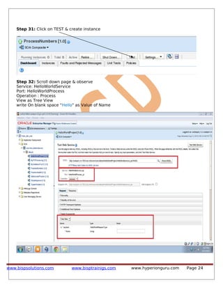 Step 31: Click on TEST & create instance
Step 32: Scroll down page & observe
Service: HelloWorldService
Port: HelloWorldProcess
Operation : Process
View as Tree View
write On blank space "Hello" as Value of Name
www.bispsolutions.com www.bisptrainigs.com www.hyperionguru.com Page 24
 