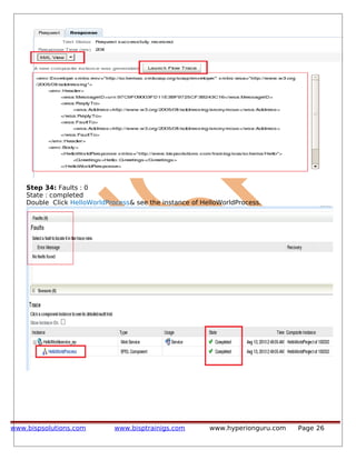 Step 34: Faults : 0
State : completed
Double Click HelloWorldProcess& see the instance of HelloWorldProcess.
www.bispsolutions.com www.bisptrainigs.com www.hyperionguru.com Page 26
 