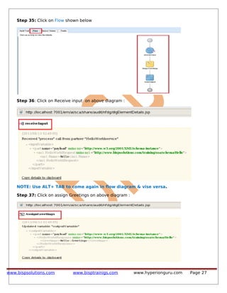 Step 35: Click on Flow shown below
Step 36: Click on Receive input on above diagram :
NOTE: Use ALT+ TAB to come again in flow diagram & vise versa.
Step 37: Click on assign Greetings on above diagram :
www.bispsolutions.com www.bisptrainigs.com www.hyperionguru.com Page 27
 
