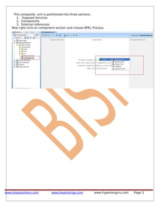 This composite .xml is partitioned into three sections
1. Exposed Services
2. Components
3. External references
Now right click on component section and choose BPEL Process.
www.bispsolutions.com www.bisptrainigs.com www.hyperionguru.com Page 5
 