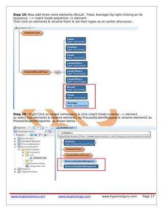 Step 19: Now add three more elements (Result , Total, Average) by right clicking on its
sequence ---> insert inside sequence---> element
Then click on elements & rename them & set their types as on earlier discussion .
Step 20 : Right Click on target namespace & click insert inside schema---> element
so select two elements & rename element1 as ProcessStudentRequest & rename element2 as
ProcessStudentResponse as shown below :
www.bispsolutions.com www.bisptrainigs.com www.hyperionguru.com Page 17
 