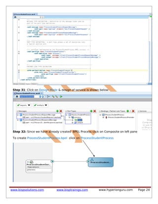 Step 31: Click on Design Mode & design of service is shown below:
Step 32: Since we have already created BPEL Process click on Composite on left pane
To create ProcessStudentProcess.bpel click on ProcessStudentProcess
www.bispsolutions.com www.bisptrainigs.com www.hyperionguru.com Page 24
 