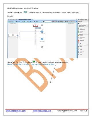 On Clicking we can see the following
Step 33 Click on Variable icon & create new variables to store Total, Average,
Result.
Step 34: Click on Green Plus 7 new create variable window appears
Name (ResultVar)--->select type by clicking browse icon
www.bispsolutions.com www.bisptrainigs.com www.hyperionguru.com Page 25
 