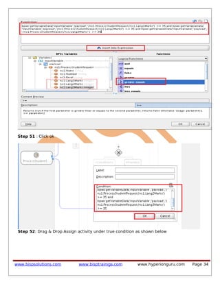 Step 51 : Click ok
Step 52: Drag & Drop Assign activity under true condition as shown below
www.bispsolutions.com www.bisptrainigs.com www.hyperionguru.com Page 34
 