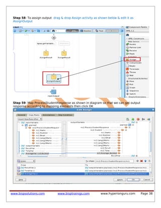 Step 58: To assign output drag & drop Assign activity as shown below & edit it as
AssignOutput
Step 59: Map ProcessStudentResponse as shown in diagram so that we can get output
response according to mapping elements then click OK
www.bispsolutions.com www.bisptrainigs.com www.hyperionguru.com Page 38
 