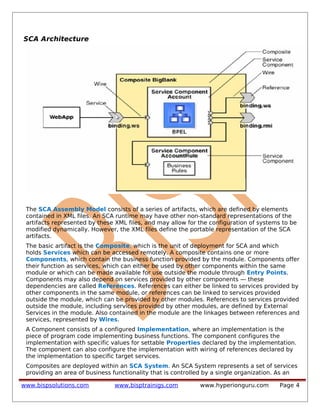 SCA Architecture
The SCA Assembly Model consists of a series of artifacts, which are defined by elements
contained in XML files. An SCA runtime may have other non-standard representations of the
artifacts represented by these XML files, and may allow for the configuration of systems to be
modified dynamically. However, the XML files define the portable representation of the SCA
artifacts.
The basic artifact is the Composite, which is the unit of deployment for SCA and which
holds Services which can be accessed remotely. A composite contains one or more
Components, which contain the business function provided by the module. Components offer
their function as services, which can either be used by other components within the same
module or which can be made available for use outside the module through Entry Points.
Components may also depend on services provided by other components — these
dependencies are called References. References can either be linked to services provided by
other components in the same module, or references can be linked to services provided
outside the module, which can be provided by other modules. References to services provided
outside the module, including services provided by other modules, are defined by External
Services in the module. Also contained in the module are the linkages between references and
services, represented by Wires.
A Component consists of a configured Implementation, where an implementation is the
piece of program code implementing business functions. The component configures the
implementation with specific values for settable Properties declared by the implementation.
The component can also configure the implementation with wiring of references declared by
the implementation to specific target services.
Composites are deployed within an SCA System. An SCA System represents a set of services
providing an area of business functionality that is controlled by a single organization. As an
www.bispsolutions.com www.bisptrainigs.com www.hyperionguru.com Page 4
 