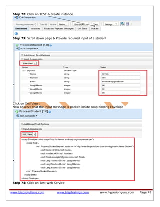 Step 72: Click on TEST & create instance
Step 73: Scroll down page & Provide required input of a student
Click on Xml View :
Now observe that the input message is packed inside soap binding Envelope
Step 74: Click on Test Web Service
www.bispsolutions.com www.bisptrainigs.com www.hyperionguru.com Page 48
 