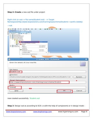 Step 2: Create a new xsd file under project
Right click on xsd--> file name(Student.xsd) --> Target
Namespace(http://www.bispsolutions.com/training/soa/schema/Student)-->prefix (stdobj)
-->ok
now created successfully Student.xsd
Step 3: Design xsd as according to SCA i.e with the help of components or in design mode :
www.bispsolutions.com www.bisptrainigs.com www.hyperionguru.com Page 9
 